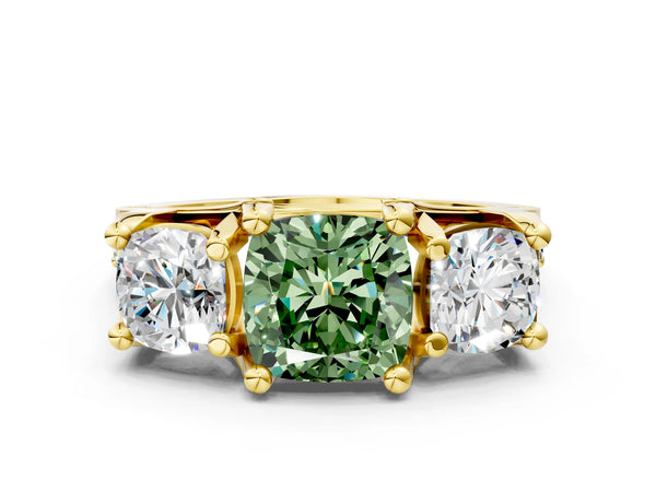 Yellow gold Fancy Green Cushion Cut Diamond Three-Stone Ring with Channel Set Band and Four-Prong Setting