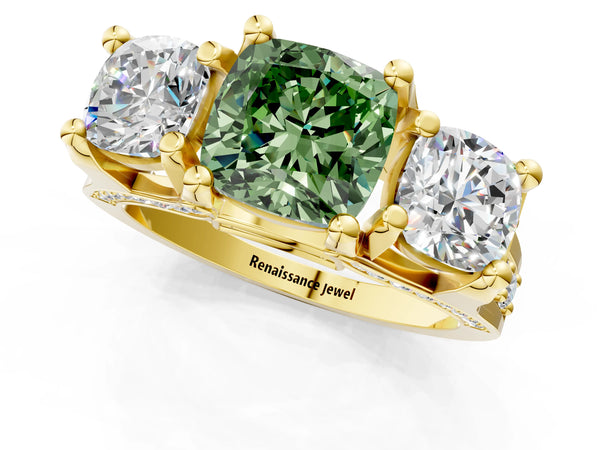 Yellow gold Fancy Green Cushion Cut Diamond Three-Stone Ring with Channel Set Band and Four-Prong Setting