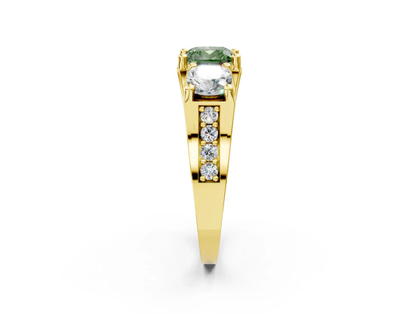 Yellow gold Fancy Green Cushion Cut Diamond Three-Stone Ring with Channel Set Band and Four-Prong Setting