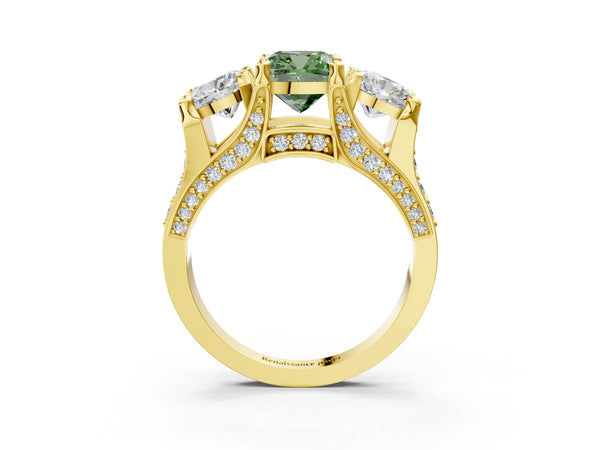 Yellow gold Fancy Green Cushion Cut Diamond Three-Stone Ring with Channel Set Band and Four-Prong Setting