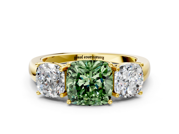 Yellow gold Fancy Green Cushion Cut Diamond Three-Stone Ring with Four-Prong Setting and Classic Band