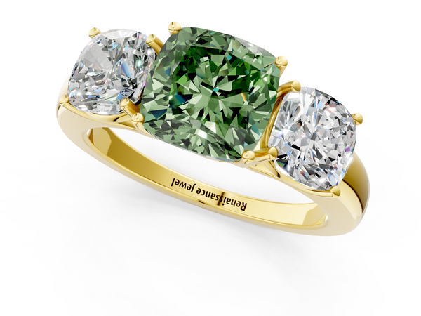 Yellow gold Fancy Green Cushion Cut Diamond Three-Stone Ring with Four-Prong Setting and Classic Band