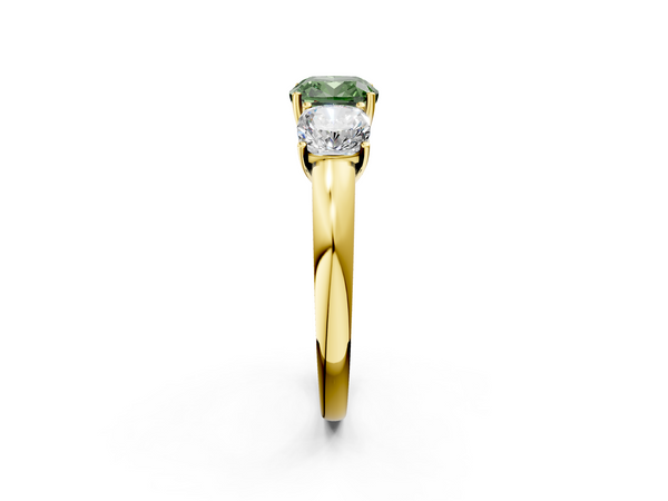Yellow gold Fancy Green Cushion Cut Diamond Three-Stone Ring with Four-Prong Setting and Classic Band