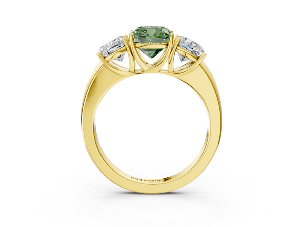 Yellow gold Fancy Green Cushion Cut Diamond Three-Stone Ring with Four-Prong Setting and Classic Band