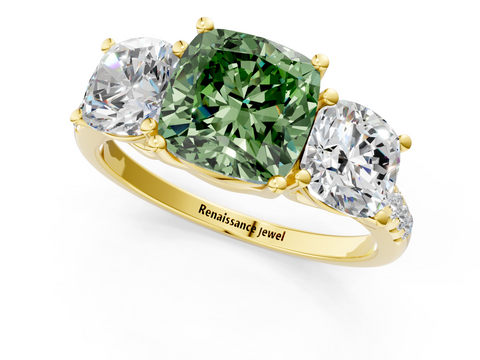 Yellow gold Three-Stone Fancy Green Cushion  Cut Diamond Ring with Pavé Band and Prong Setting_21