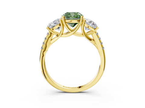 Yellow gold Three-Stone Fancy Green Cushion  Cut Diamond Ring with Pavé Band and Prong Setting_23
