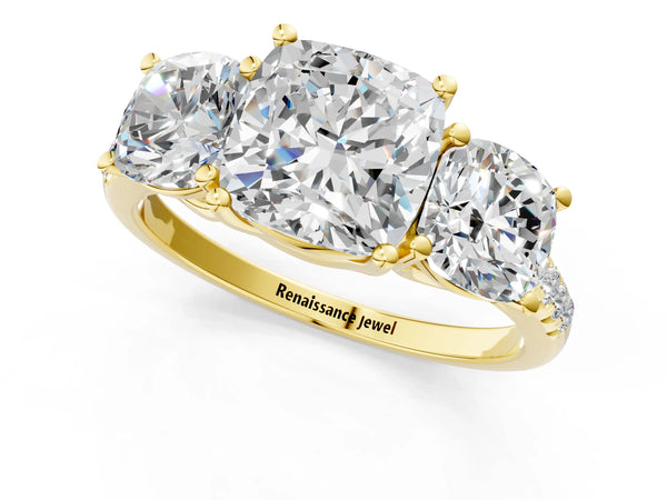 Yellow Gold Cushion Cut Matching Three Stone Engagement Ring Setting for Fancy Green Center