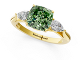 Yellow gold Three-Stone Fancy Green Cushion  Cut Diamond Ring with Pear Side Stones in Four-Prong Setting_109