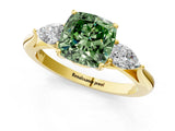 Yellow gold Three-Stone Fancy Green Cushion Cut Diamond Ring with Pear  Side Stones in Four-Prong Setting_37