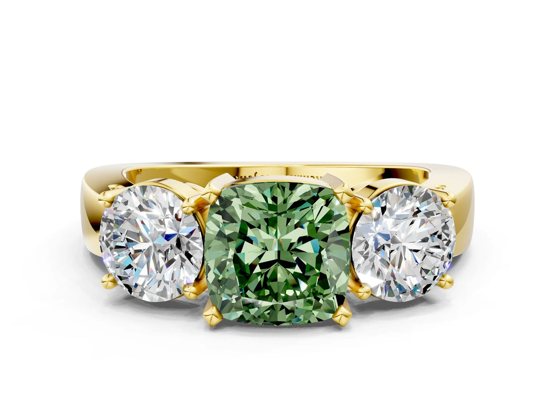 Yellow gold Three-Stone Fancy Green Cushion Cut Diamond Ring with Round Side Stones, Classic Band, and Four-Prong Setting