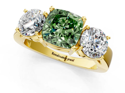 Yellow gold Three-Stone Fancy Green Cushion Cut Diamond Ring with Round Side Stones, Classic Band, and Four-Prong Setting_1