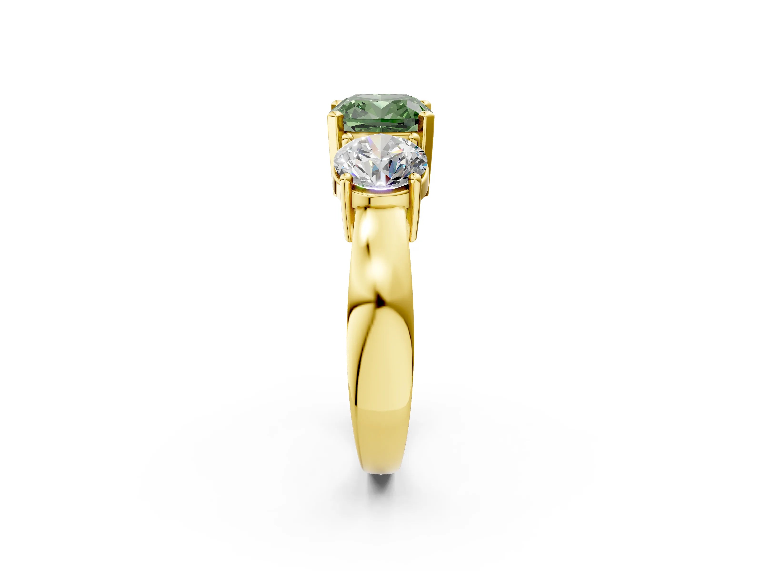 Yellow gold Three-Stone Fancy Green Cushion Cut Diamond Ring with Round Side Stones, Classic Band, and Four-Prong Setting_2