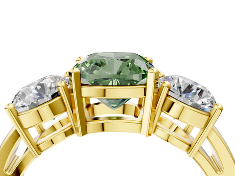 Yellow gold Three-Stone Fancy Green Cushion Cut Diamond Ring with Round Side Stones, Classic Band, and Four-Prong Setting_4