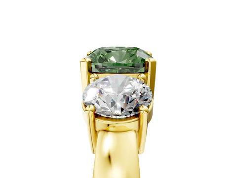 Yellow gold Three-Stone Fancy Green Cushion Cut Diamond Ring with Round Side Stones, Classic Band, and Four-Prong Setting_5