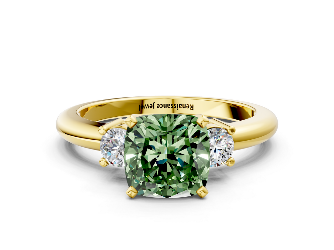 Yellow gold Three-Stone Fancy Green Cushion  Cut Diamond Solitaire with Prong Setting and Classic Band_43