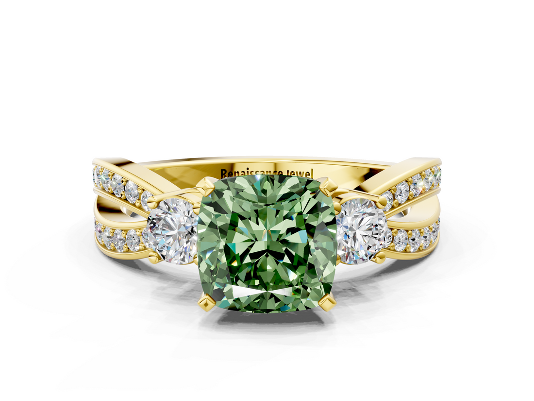 Yellow gold Three-Stone Fancy Green Cushion  Cut Diamond Twist Band with Prong Setting_34