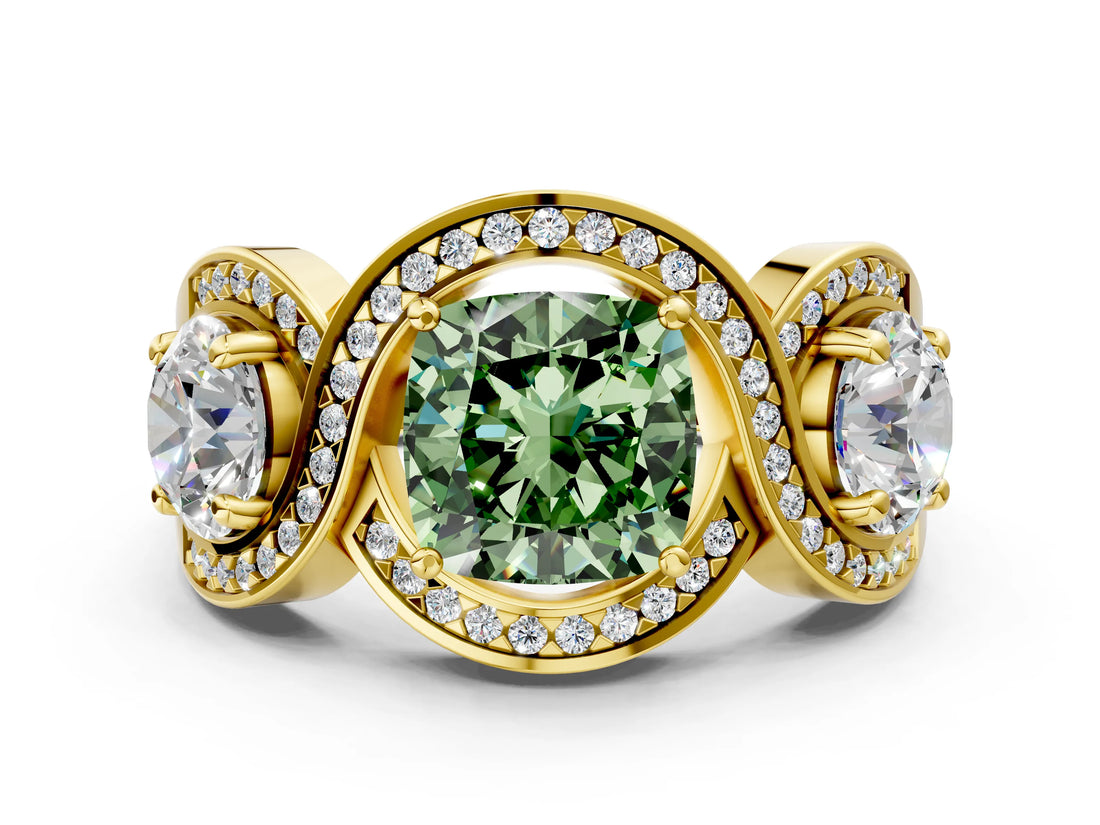 Yellow gold Three-Stone Fancy Green Cushion Cut Diamond Wave Pave Band with Prong Setting