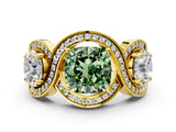 Yellow gold Three-Stone Fancy Green Cushion Cut Diamond Wave Pave Band with Prong Setting