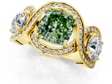 Yellow gold Three-Stone Fancy Green Cushion Cut Diamond Wave Pave Band with Prong Setting_1