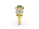 Yellow gold Three-Stone Fancy Green Cushion Cut Diamond Wave Pave Band with Prong Setting_2