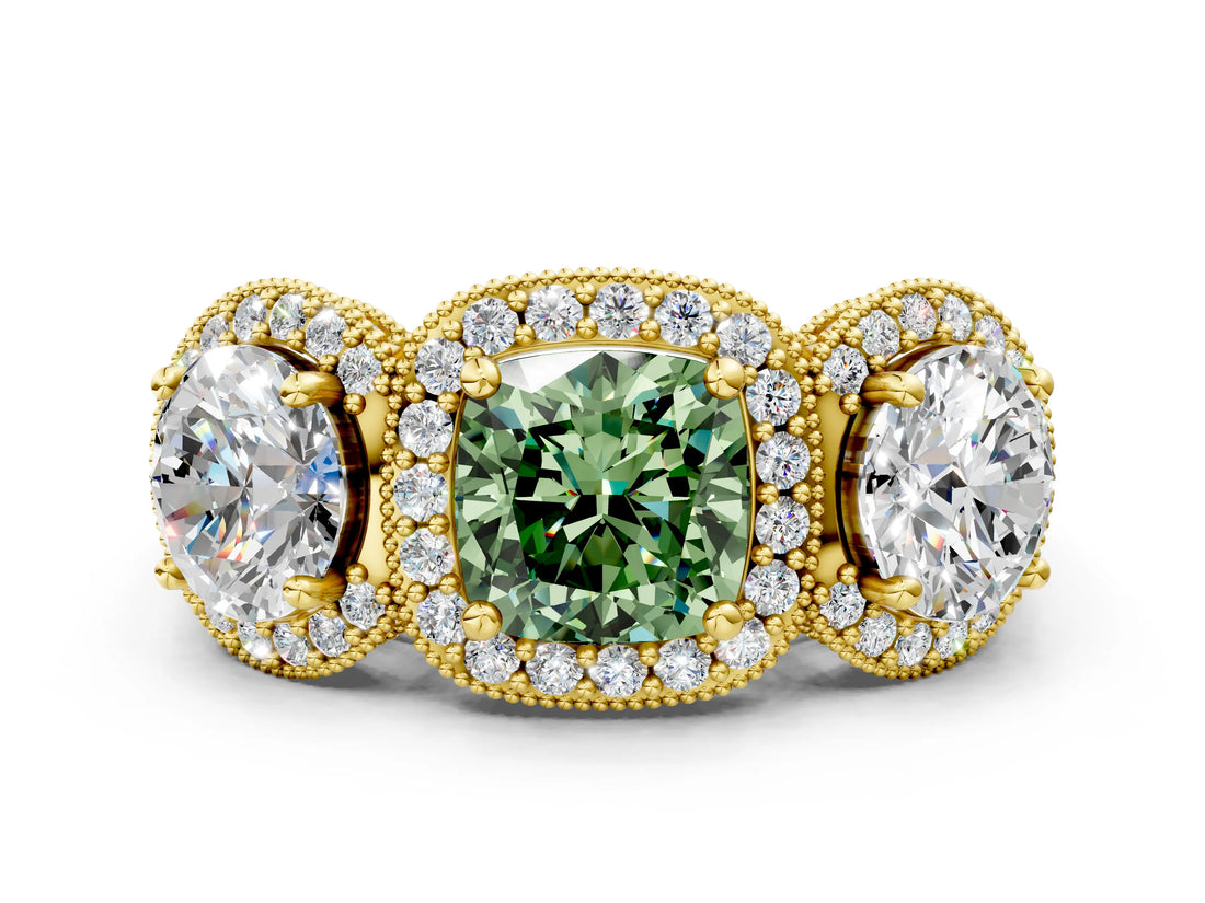 Yellow gold Three-Stone Fancy Green Cushion Cut Halo Diamond Milgrain Band with Four-Prong Setting