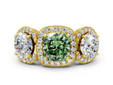 Yellow gold Three-Stone Fancy Green Cushion Cut Halo Diamond Milgrain Band with Four-Prong Setting