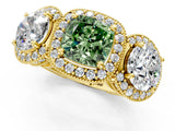 Yellow gold Three-Stone Fancy Green Cushion Cut Halo Diamond Milgrain Band with Four-Prong Setting_1