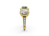 Yellow gold Three-Stone Fancy Green Cushion Cut Halo Diamond Milgrain Band with Four-Prong Setting_2