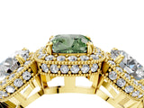 Yellow gold Three-Stone Fancy Green Cushion Cut Halo Diamond Milgrain Band with Four-Prong Setting_4