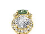 Yellow gold Three-Stone Fancy Green Cushion Cut Halo Diamond Milgrain Band with Four-Prong Setting_5