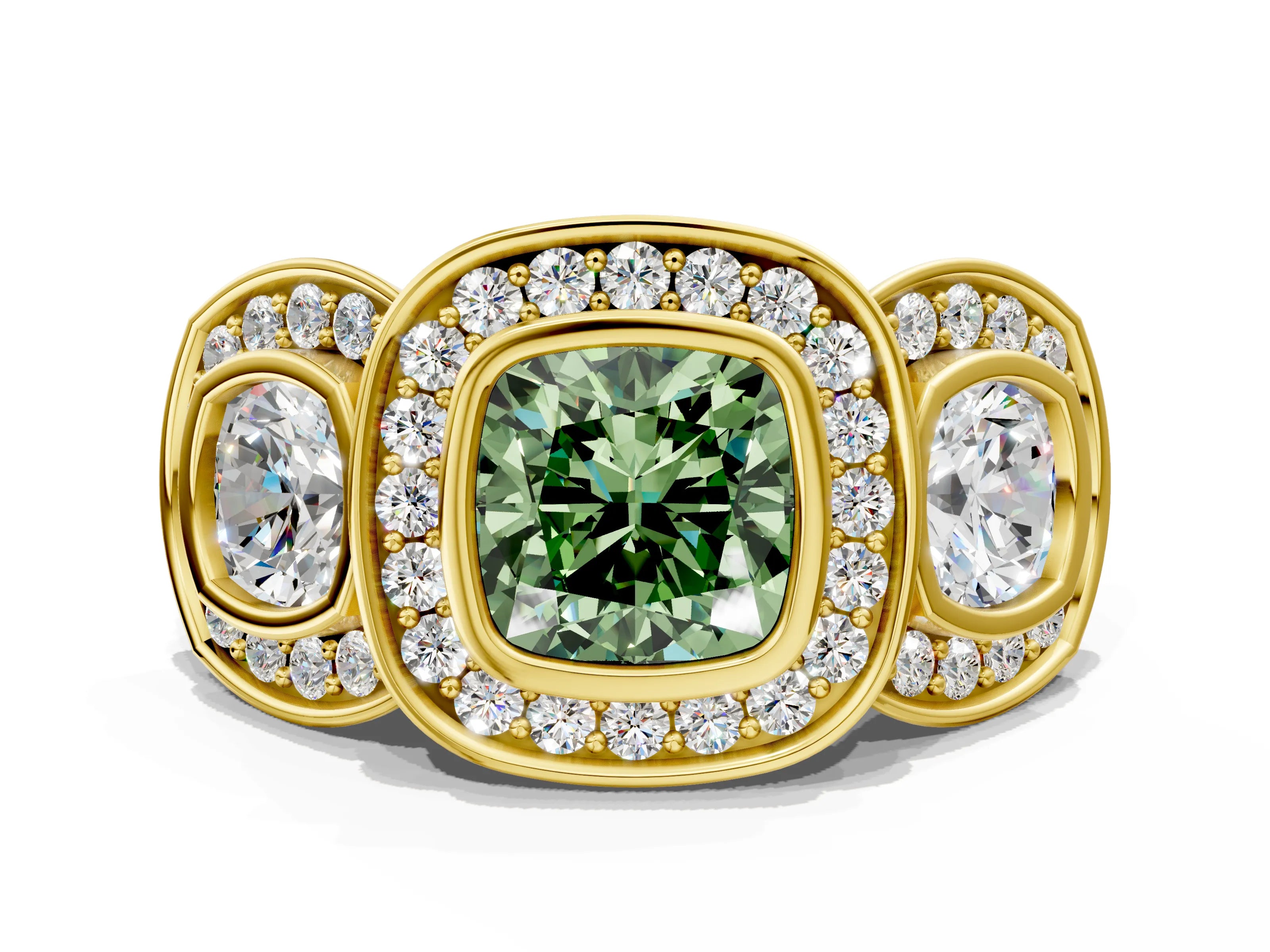 Yellow gold Three-Stone Fancy Green Cushion Cut Halo Pavé Diamond Ring