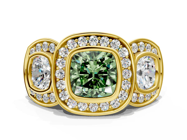 Yellow Gold Cushion Cut Bezel Three Stone Halo Engagement Ring Setting for Fancy Green Center