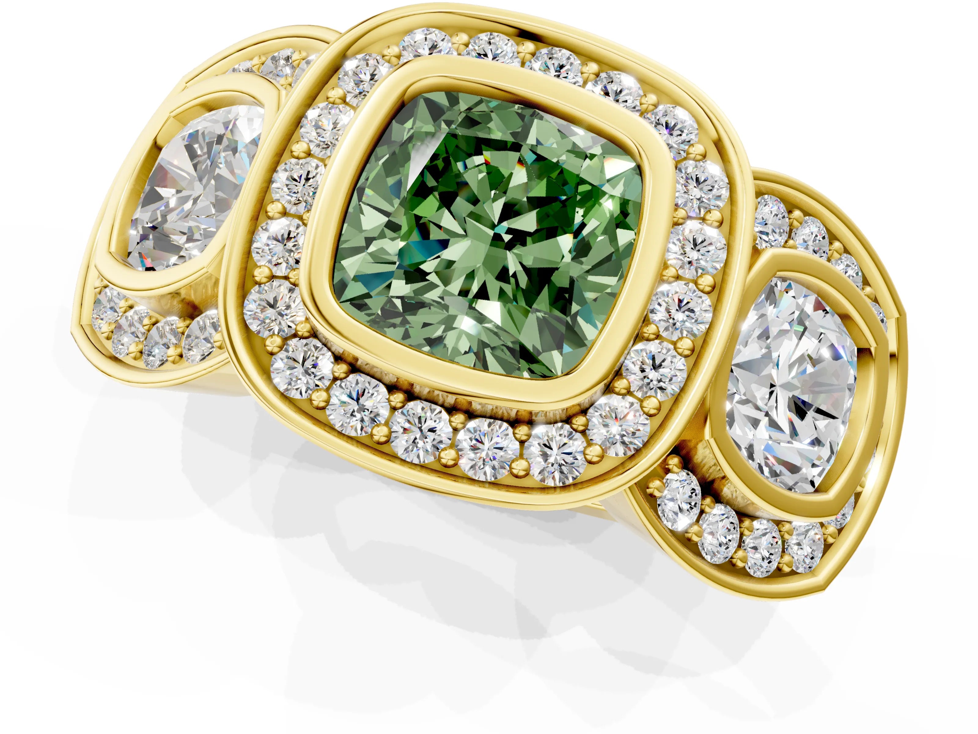 Yellow gold Three-Stone Fancy Green Cushion Cut Halo Pavé Diamond Ring_1