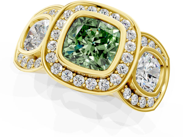 Yellow Gold Cushion Cut Bezel Three Stone Halo Engagement Ring Setting for Fancy Green Center