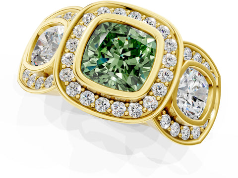 Yellow gold Three-Stone Fancy Green Cushion Cut Halo Pavé Diamond Ring_1