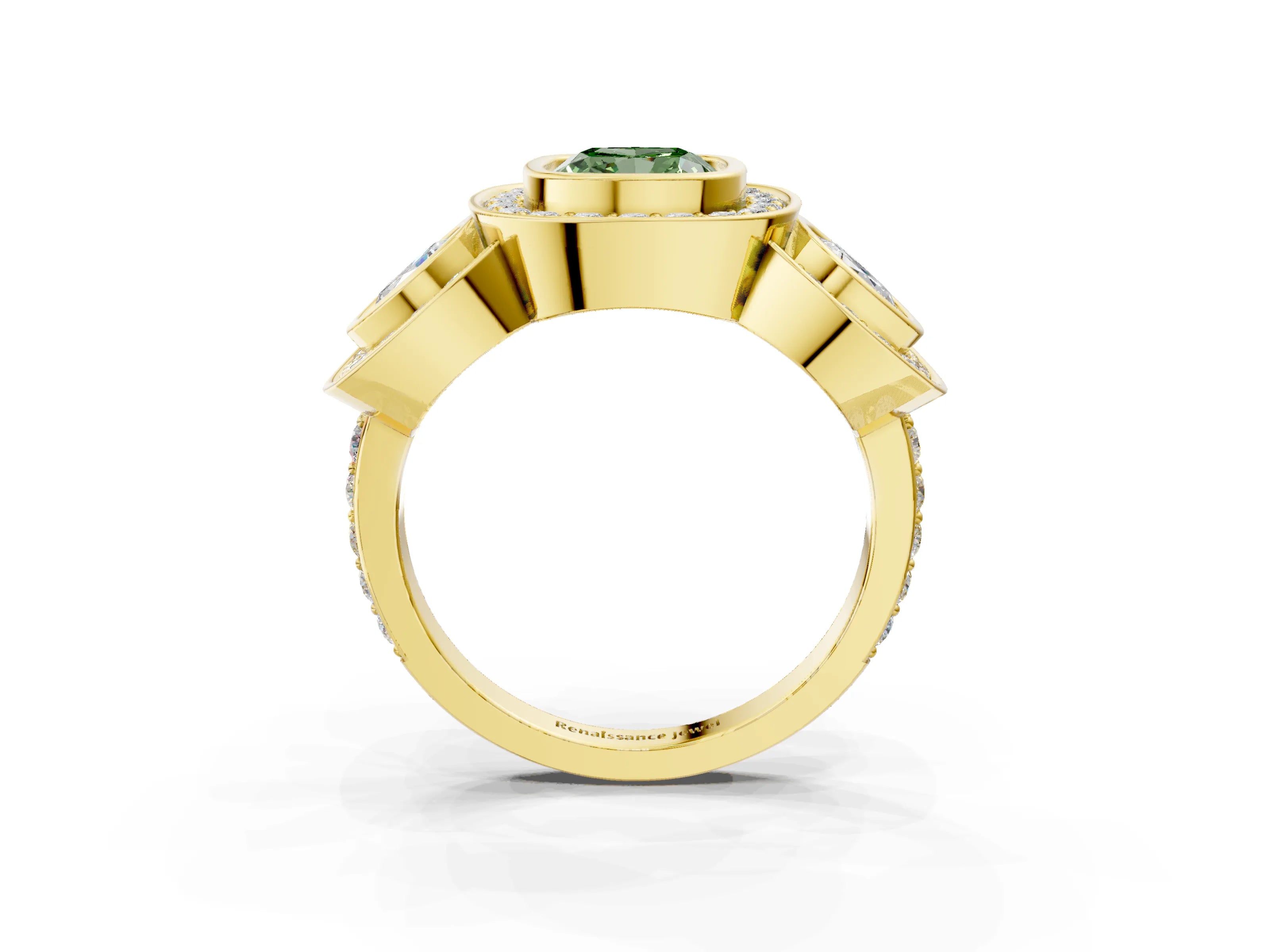 Yellow gold Three-Stone Fancy Green Cushion Cut Halo Pavé Diamond Ring_3