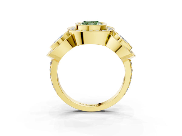 Yellow Gold Cushion Cut Bezel Three Stone Halo Engagement Ring Setting for Fancy Green Center