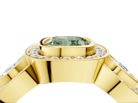Yellow gold Three-Stone Fancy Green Cushion Cut Halo Pavé Diamond Ring_4