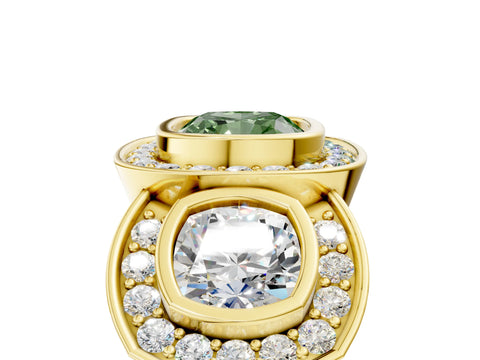 Yellow gold Three-Stone Fancy Green Cushion Cut Halo Pavé Diamond Ring_5