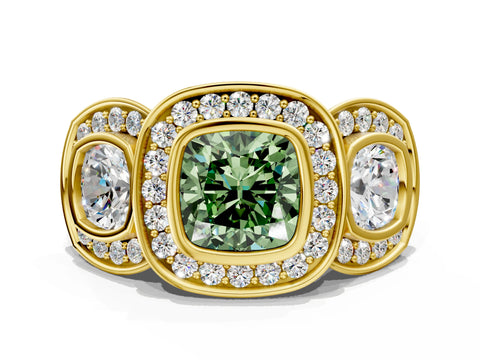 Yellow gold Three-Stone Fancy Green Cushion Cut Halo Pavé Diamond Ring