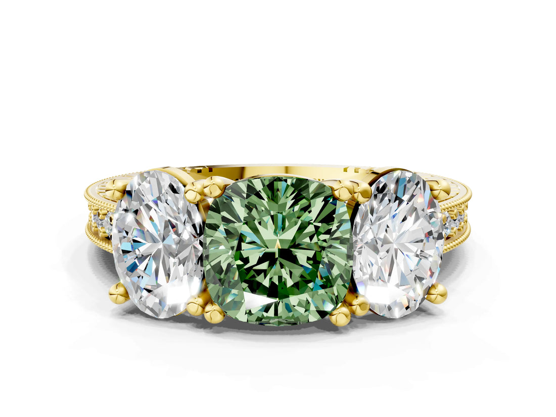 Yellow gold Three-Stone Fancy Green Cushion  Diamond Milgrain Pave Band with Prong Setting 1