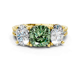 Yellow gold Three-Stone Fancy Green Cushion  Diamond Milgrain Pave Band with Prong Setting 1