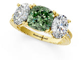 Yellow gold Three-Stone Fancy Green Cushion  Diamond Milgrain Pave Band with Prong Setting 2