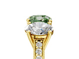 Yellow gold Three-Stone Fancy Green Cushion  Diamond Milgrain Pave Band with Prong Setting