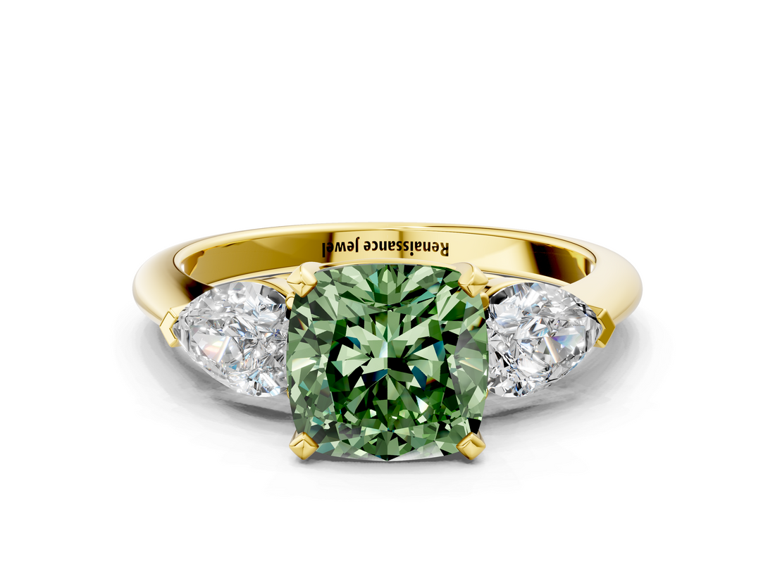Yellow gold Three-Stone Fancy Green Cushion  Diamond Ring with Pear Side Stones in Four-Prong Setting_59