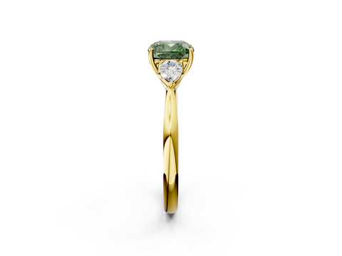 Yellow gold Three-Stone Fancy Green Cushion  Diamond Solitaire Ring with Pear Side Stones and Four-Prong Setting_33