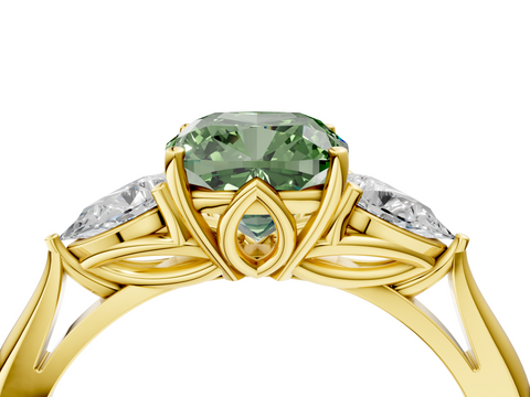 Yellow gold Three-Stone Fancy Green Cushion  Diamond Solitaire Ring with Pear Side Stones and Four-Prong Setting_35