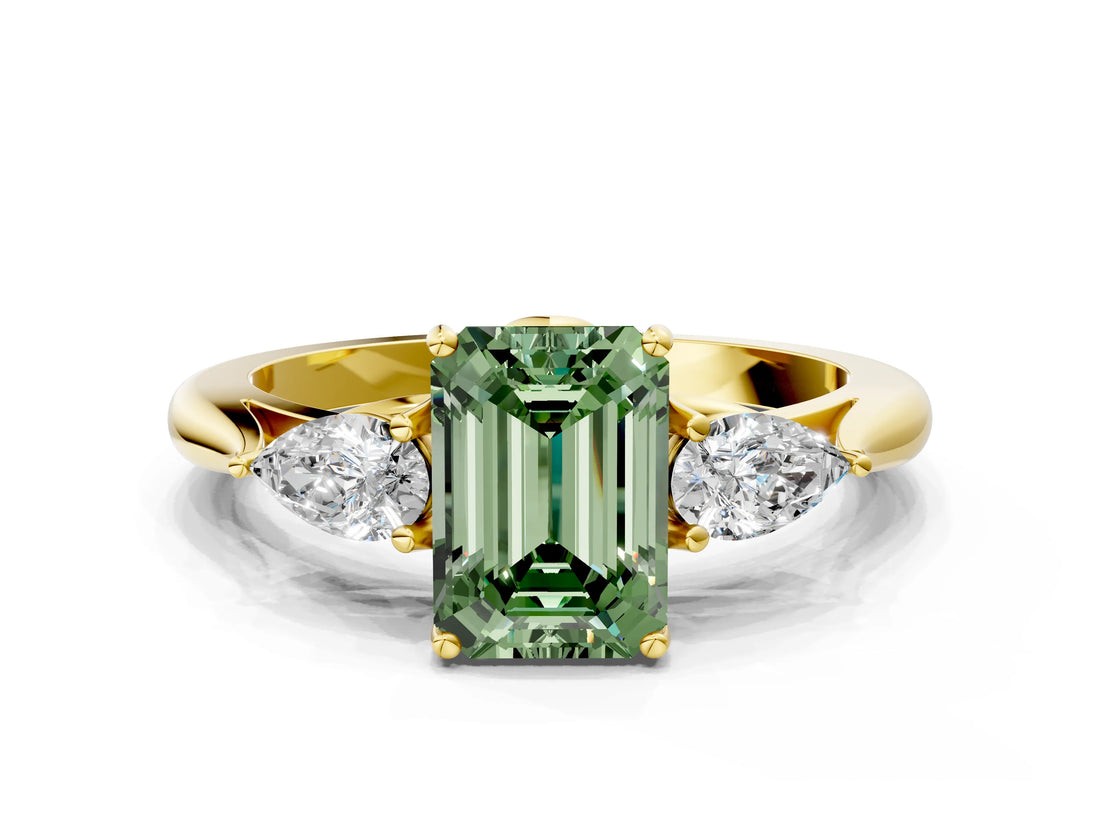 Yellow gold Three-Stone Fancy Green Emerald Cut Brilliant Diamond Solitaire Ring with Tapered Band and Four-Prong Setting_6
