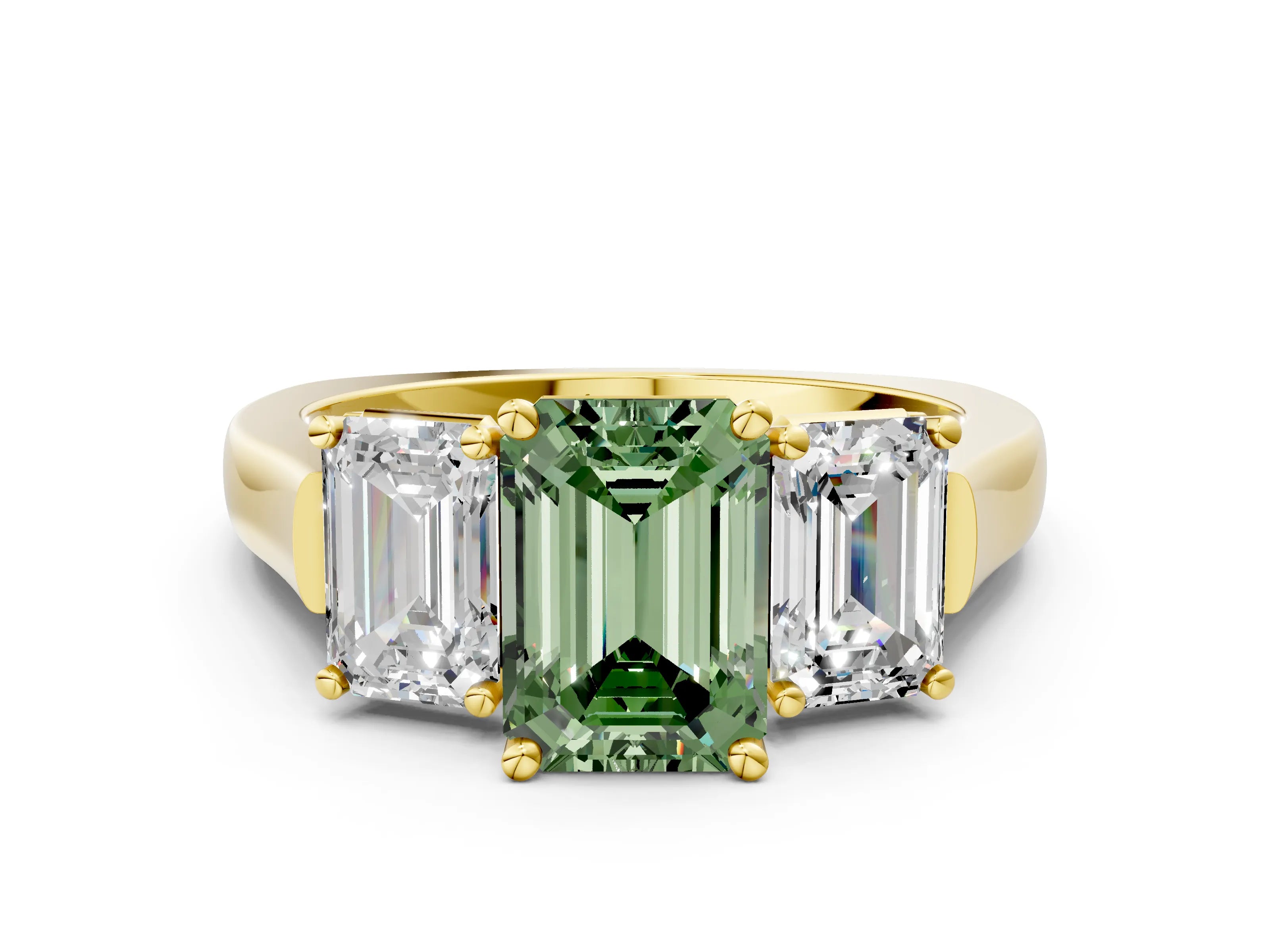 Yellow gold Three-Stone Fancy Green Emerald Cut Brilliant Diamond Trellis Ring with Comfort Fit Band