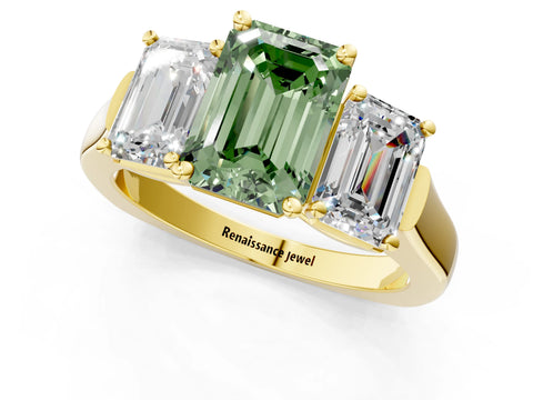 Yellow gold Three-Stone Fancy Green Emerald Cut Brilliant Diamond Trellis Ring with Comfort Fit Band_1